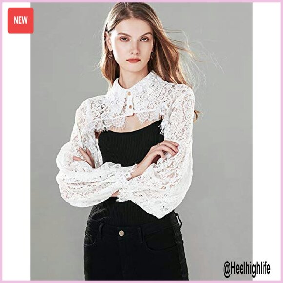 Detachable Dickey Blouse Lace Crop Top Long Sleeves Button Front - Picture 4 of 8